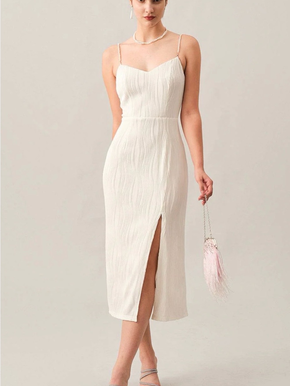 RIHOAS The Wave Textured Pearl Strap Midi Dress - Picture 1 of 5